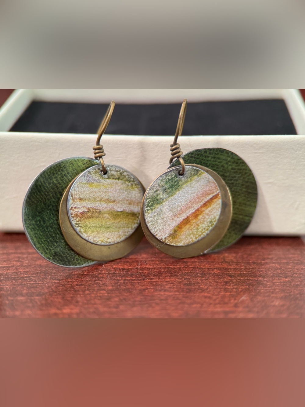 Handcrafted Green and Multicolor Brass Disc Drop Earrings